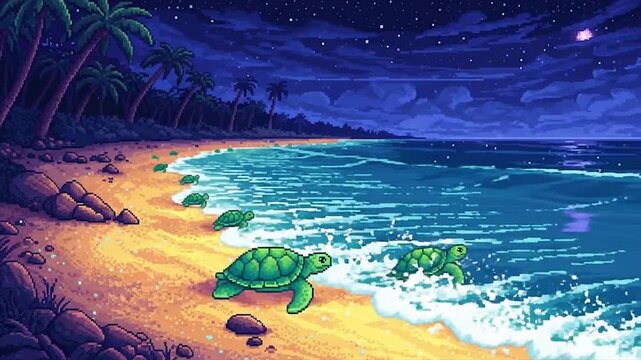 Turtles Nesting on Tropical Beach at Night.