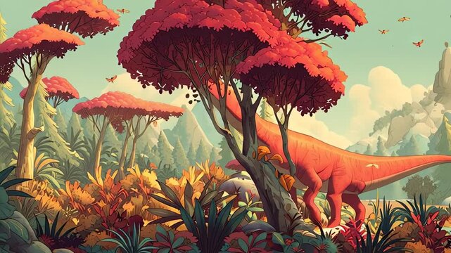 Cartoon Brachiosaurus Eating Leaves in Vibrant Prehistoric Forest