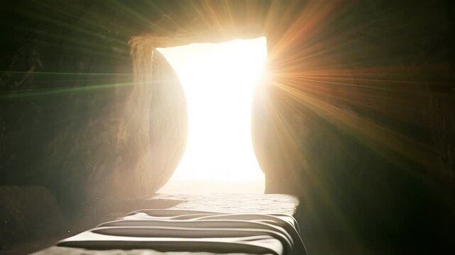 Empty tomb with stone rolled away and light shining through. 4K video about the Passion of Christ, Easter.