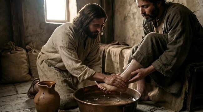 Jesus washes the feet of a disciple in a humble setting, showing humility and service. 4K video about the Passion of Christ, Easter.