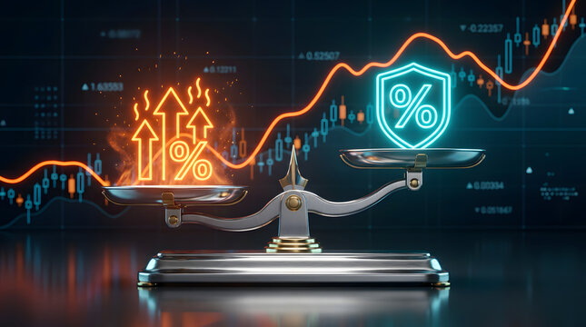 financial inflation and interest rate concept with gold scales balancing rising percentage arrows against stable protected shield icon on stock market trading graph background