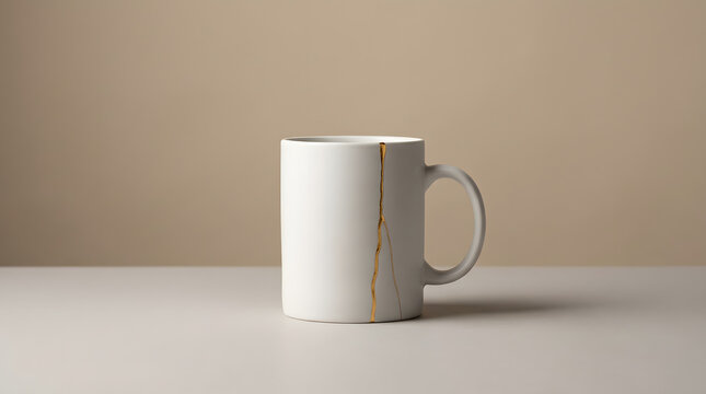 minimalist white ceramic mug with gold kintsugi crack on beige background representing japanese art of repairing broken pottery with gold lacquer beauty in imperfection and healing