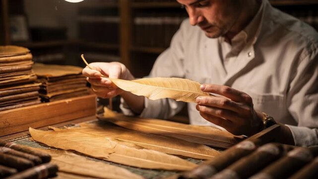 Medium shot of a worker carefully inspecting light shade cigar wrapper leaves emphasizing the delicate texture and consistent color of premium tobacco.