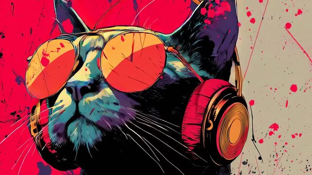 Pop Art Cat Wearing Sunglasses and Headphones Vibrant Retro Style