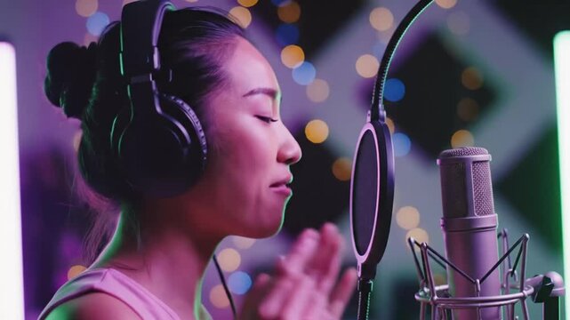 Asian Woman Singing in Recording Studio with Microphone