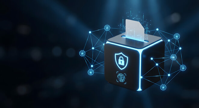 secure digital voting system concept with encrypted ballot box glowing biometric fingerprint scanner and blockchain network connection for electronic elections and data protection