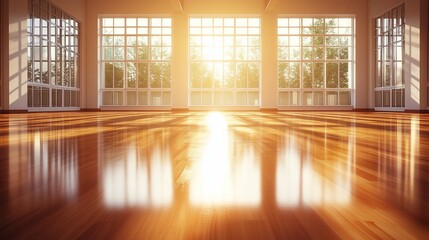 Sunlit interior space with large windows and a glossy wooden floor