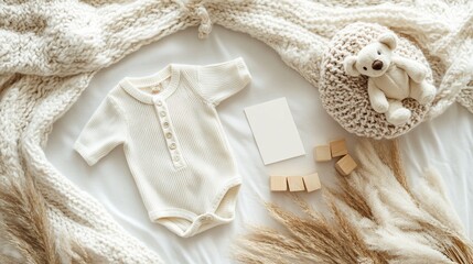 Elegant Baby Announcement Flat Lay with Neutral Tones and Cozy Textiles