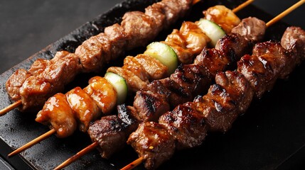 Delicious Yakitori Skewers with Glazed Meat and Fresh Vegetables Presentation