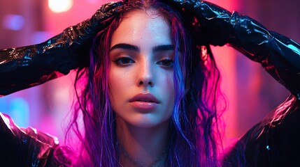 Portrait of a young woman with vibrant hair and glossy gloves showcasing a futuristic style