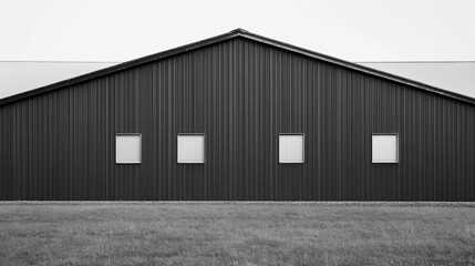 Monochrome harmony, Minimalist barn facade with symmetrical window arrangement