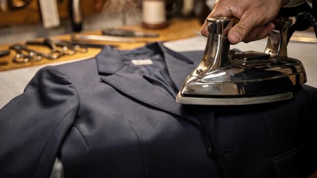 Closeup of skilled hands using a hand iron to carefully press suit jacket pleats and lapels ensuring crisp lines and flawless finishing details.
