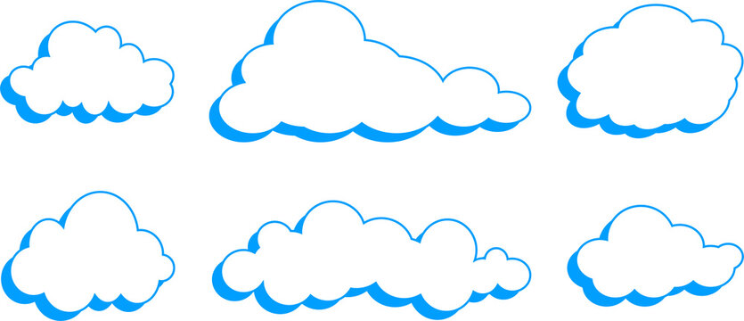 Six hand-drawn blue cloud shapes floating isolated on transparent background