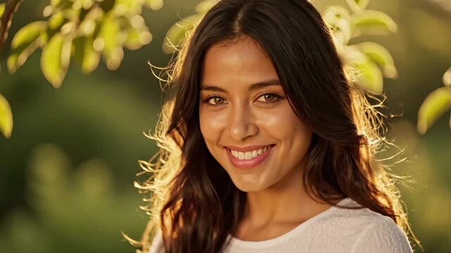 Beautiful Woman Smiling Outdoors with Natural Sunlight.