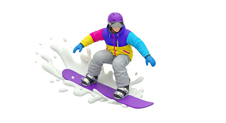 Fototapeta premium 3D Snowboarder in Colorful Jacket Performing a Trick with White Splash