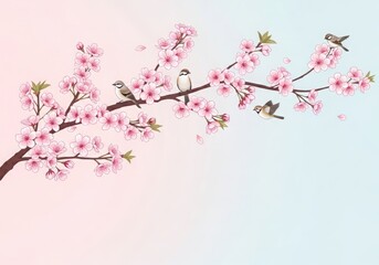 Fototapeta premium Pink cherry blossom branch with birds