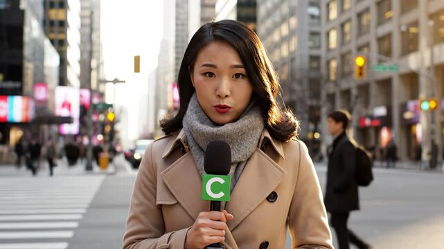 Woman reporting news on city street