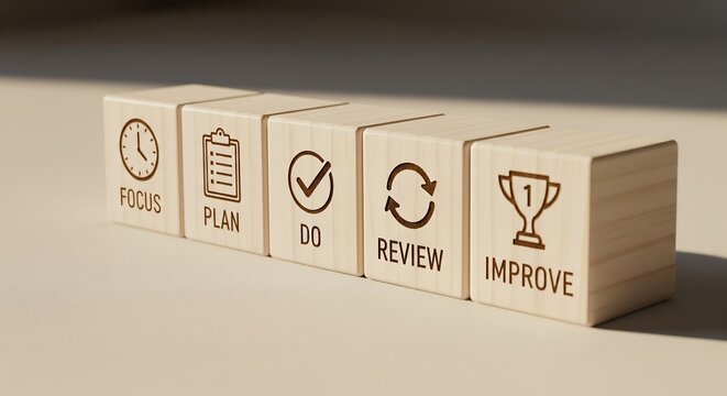 Wooden blocks illustrating the continuous improvement cycle: Focus, Plan, Do, Review, Improve.