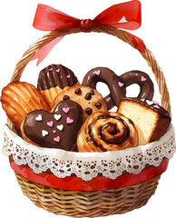 Basket filled with assorted heart cookies and chocolate pastries watercolor illustration