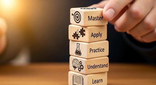 Hand stacking wooden blocks illustrating the step-by-step process of learning, understanding, practicing, applying, and mastering a skill or concept.