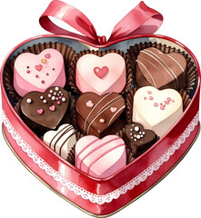 Heart shaped chocolate box filled with assorted romantic candies watercolor illustration