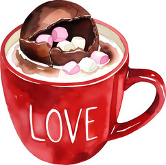 Red love mug filled with hot chocolate and heart marshmallows watercolor illustration