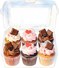 Cupcakes topped with chocolate pieces displayed inside a clear gift box watercolor illustration