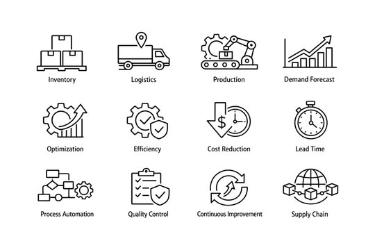 Industrial icons representing inventory, logistics, and production processes