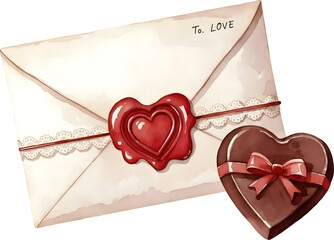 Romantic love letter envelope sealed with a red heart wax stamp watercolor illustration