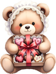 Cute teddy bear holding a box of heart chocolates watercolor illustration