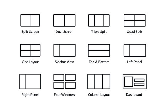 Twelve layout diagram icons for screen and panel arrangements
