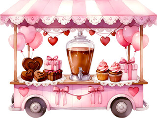 Charming pink Valentine dessert stall filled with cupcakes and chocolate drinks watercolor illustration