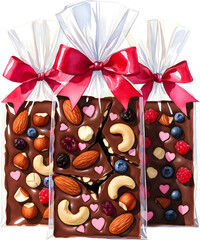 Pink chocolate gift bags filled with assorted nuts and sweets tied with red ribbons watercolor illustration