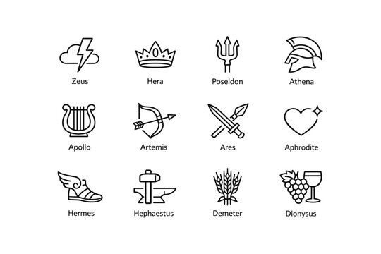 Greek gods and symbols: zeus, hera, poseidon, athena, apollo, artemis, ares, aphrodite, hermes, hephaestus, demeter, dionysus