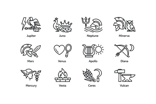 Icons of roman gods and goddesses: jupiter, juno, neptune, mars, venus, apollo, mercury