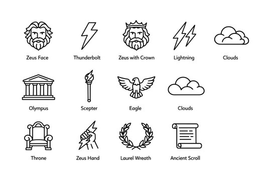 Greek mythology icons: zeus, thunderbolt, scepter, eagle, laurel wreath, ancient scroll