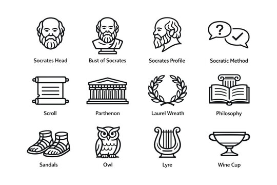 Icons of socratic philosophy: socrates, parthenon, laurel, owl, lyre, and more