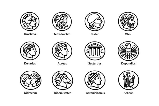 Ancient coin icons featuring greek and roman denominations with mythical symbols