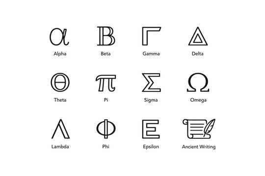 Greek alphabet symbols: alpha, beta, gamma, delta, theta, pi, sigma, omega, lambda, phi, epsilon