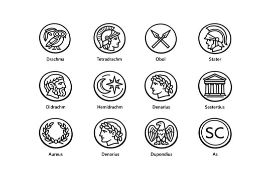 Ancient coin icons depicting avian, deity, architectural symbols in black and white