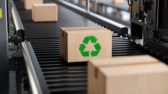A cardboard box with a green recycling symbol moves along a black industrial conveyor belt in a logistics facility, emphasizing eco-friendly packaging and efficient automated sorting.