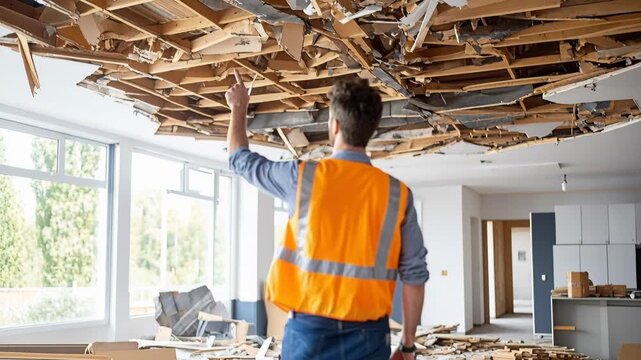 Worker in safety vest inspecting a collapsed ceiling structure and interior damage in a residential property.
