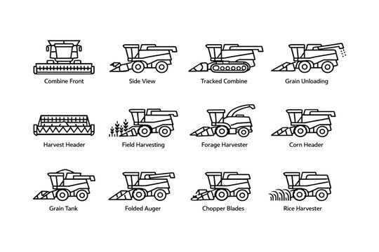 Agricultural machinery icons including combine front and grain unloading