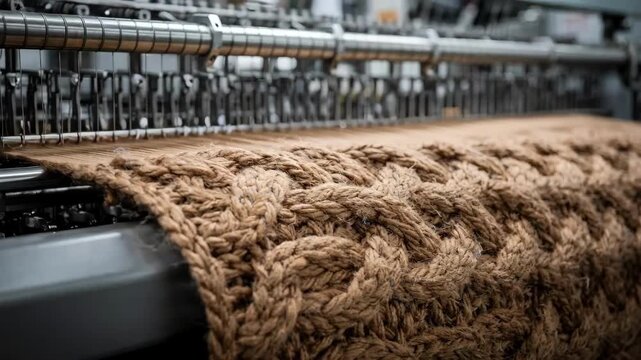 Closeup on chunky cable knit panels forming on heavy gauge machinery highlighting the elaborate twisting patterns and deep relief of the thick yarn.
