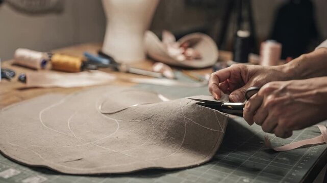 Footage capturing the process of cutting an asymmetrical hat brim highlighting creative design adjustments and elegant edge curling to achieve a unique fashionforward style.