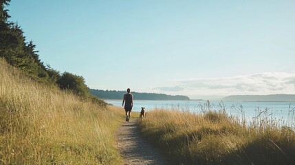 A peaceful walk by the sea with a dog on a beautiful sunny day