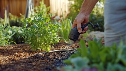 Close-up Gardener Hand Watering Vegetable Garden with Watering Wand