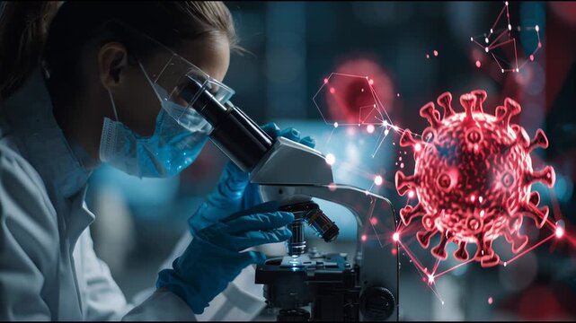 Microscopic Evidence Shows Scientist Examining Virus With Microscope in Lab Setting During Day