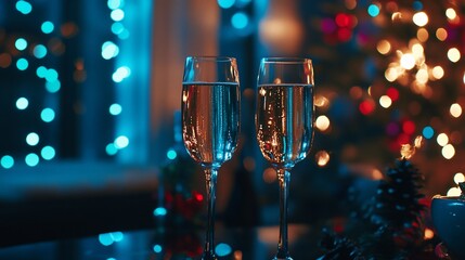Elegant glasses of champagne celebrating festive occasions with bokeh lights