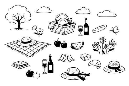 Black and white picnic illustrations with food, wine, and nature elements